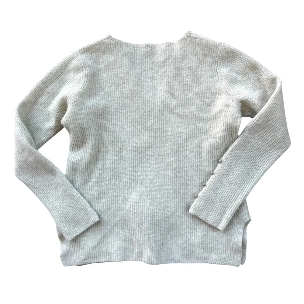 Margaret O'Leary Women Gray 100% Cashmere Ribbed V-Neck Sweater Button Cuff Sz M